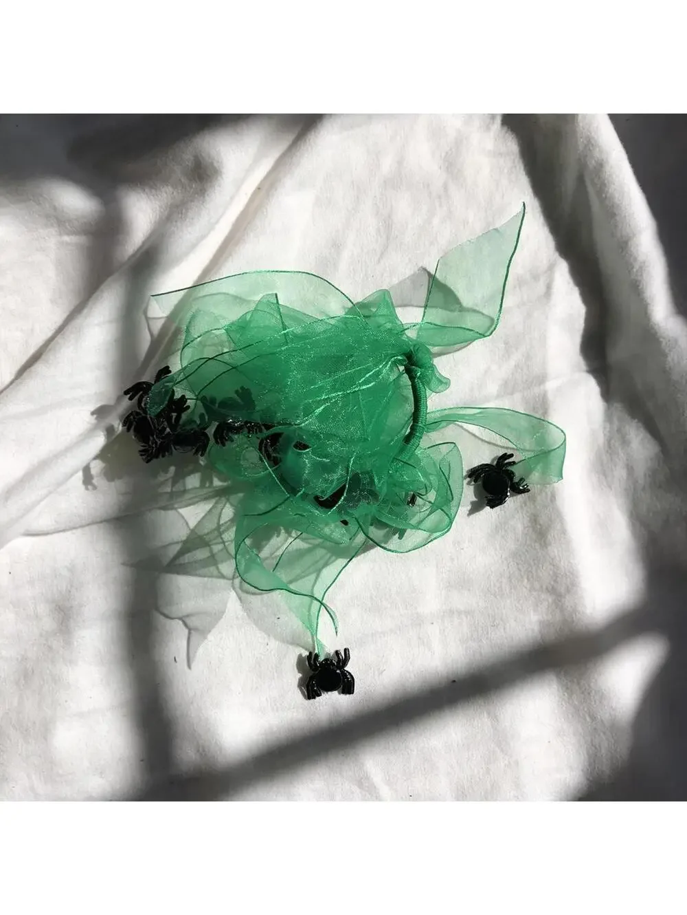 Green Organza Ribbon Hair Tie with Black Spider Decorations